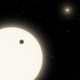 Artists conception of planet KOI-5Ab passing in front of its host star, with two other stellar companions in the background.